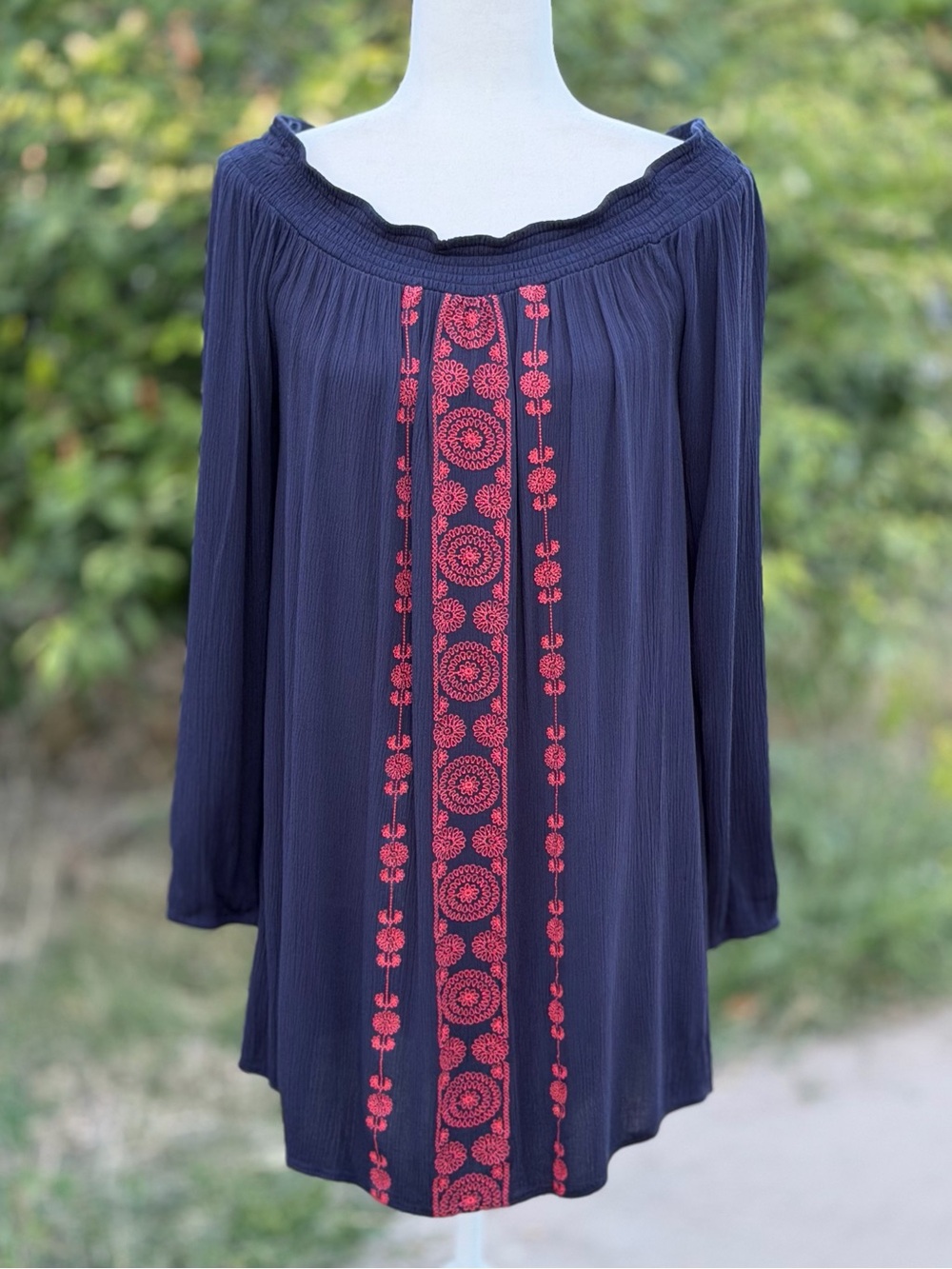 Aeropostale Blue & Red Embroidered Off-The-Shoulder Long Sleeve Shift Dress, L